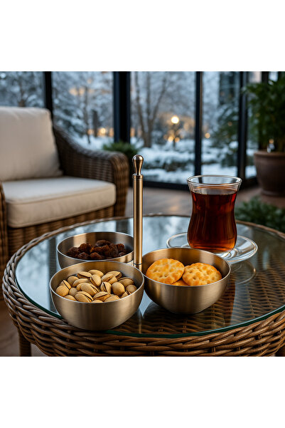 Davet 3'lü Çerezlik Paslanmaz Çelik Mat Kuruyemişlik Reçellik Metal Saplı Kaf...