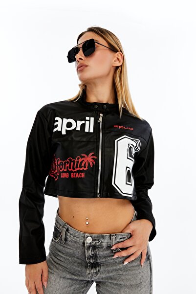 CHOS7N Jachetă crop din piele pentru femei – cu imprimeu Palton scurt în stil...