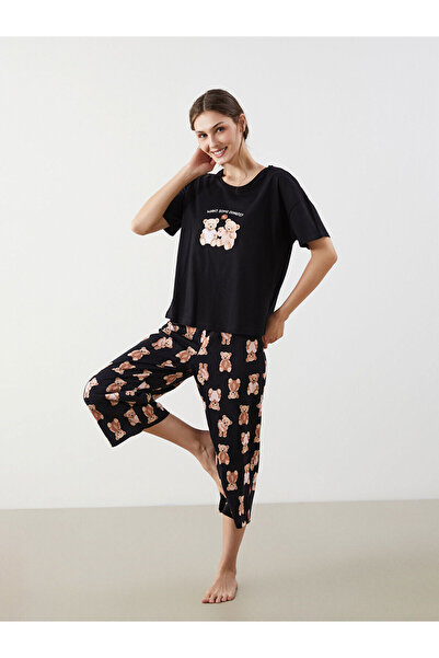 LC Waikiki Crew Neck Bear Teddy Printed Women's Capri Pajama Set