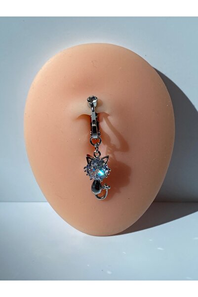 kurukafagift Çelik Göbek Piercing Sıkıştırmalı Mıknatıslı Deliksiz Kullanım Kedi Figürlü Zirkon Taşlı Parlak