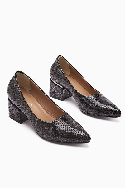 Limoya Emelia Genuine Leather Black Snake Pattern Women's Heeled Shoes