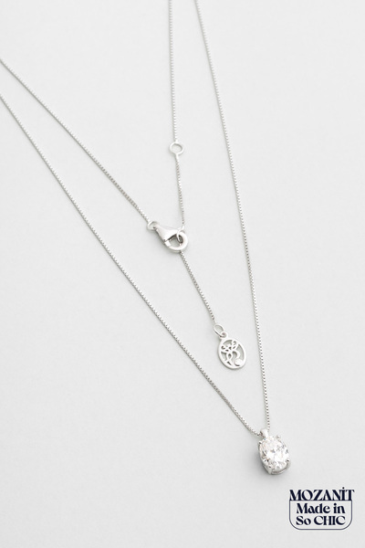 So CHIC... Mozanit Diana 18 Ayar Beyaz Altın Kaplama 45 Cm Gümüş Tektaş Kolye