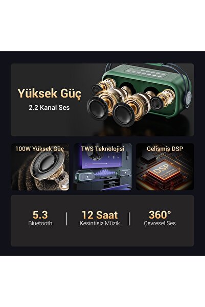 NowGo C1 100W Taşınabilir RGB IPX4 Bluetooth Hoparlör Mikrofonlu Karaoke Sistemi Yeşil