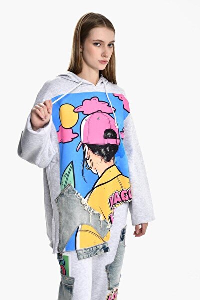 DQMANE Women's Oversize Hooded Design Printed Sweatshirt