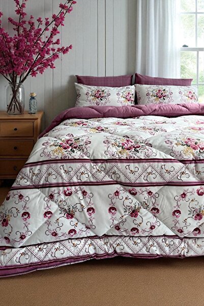 Alla Turca Double Size 4-Piece Pillowcase Set with Elastic Sheets Double-Sided Sleeping Set-Cross Stitch Dried Rose