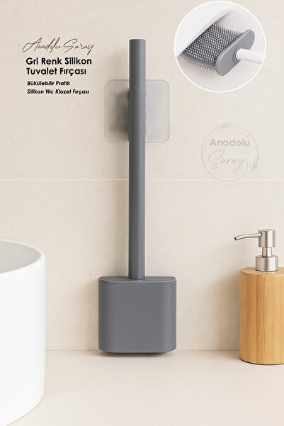 Anadolu Saray Self-Adhesive Grey Color Silicone Toilet Brush | Bendable Practical Silicone Wc Toilet Brush