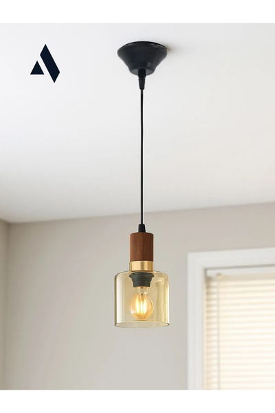 Alldesco Sienna Tekli Cam Sarkıt Avize – Modern Tasarım, Ahşap ve Gold Detayl...