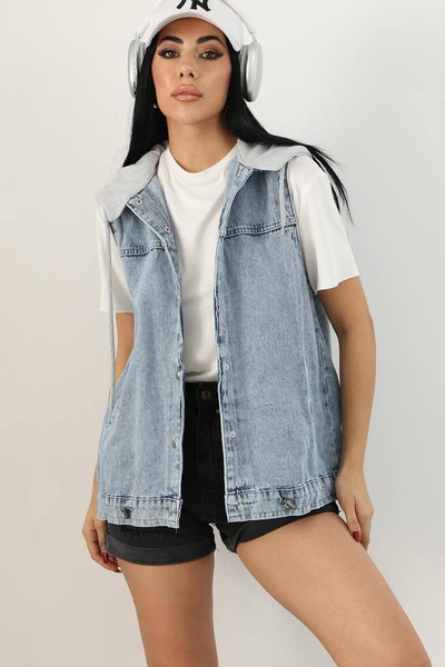 CİDDE Women's Hooded Adjustable Elastic Basic Jean Denim Vest