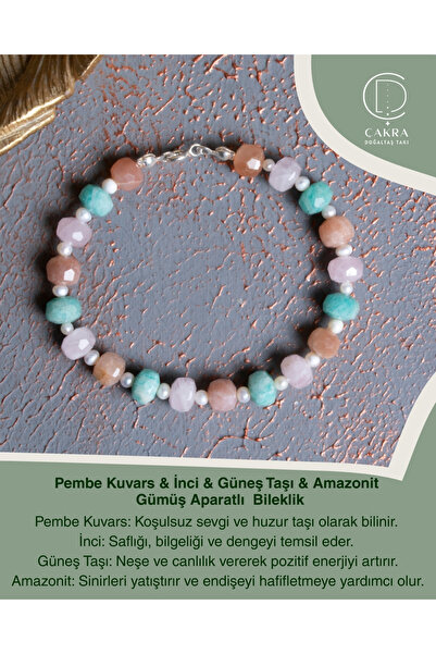 ÇAKRA DOĞAL TAŞ Pembe Kuvars & İnci & Güneş Taşı & Amazonit Gümüş Aparatlı Bi...