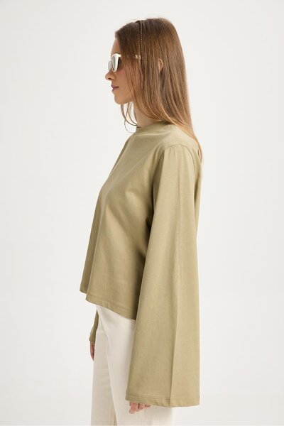 minaaise Kadın Haki Geniş Kol Oversize Kısa Basic T-shirt 30059