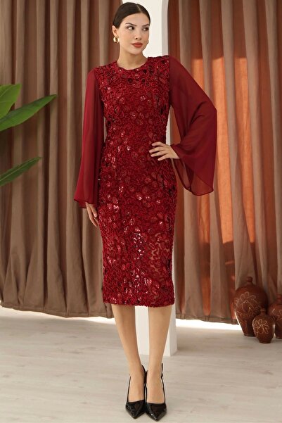 lodmela Βελούδινο μίντι φόρεμα με παγιέτες και μανίκια από σιφόν 6045-μπορντό