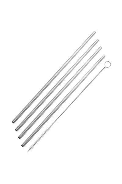 FACKELMANN Metal straws with brush 54855, 4 pcs + 1, 24 cm, Diameter 5 mm, Stainless steel, Silver