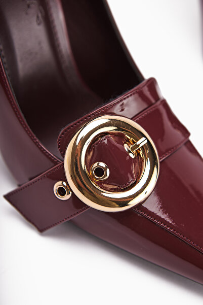 Limoya Elisar Burgundy Patent Leather Belt Detailed Women's Heeled Shoes