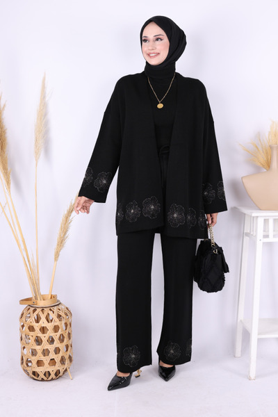 Bym Fashion Lotus Flower Kimono and Pants Set 17003 Black-Gold