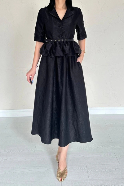 DEAG Black Thin Belted Ruffled Jacket and Gathered Skirt Set