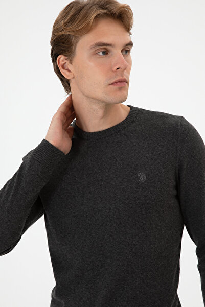 U.S. Polo Assn. Men's Slim Fit Crew Neck Anthracite Melange Basic Sweater 50313713-Vr081