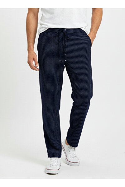 MAHZENSTORE Çizgili Rahat Kalıp Erkek Pantolon - Lacivert