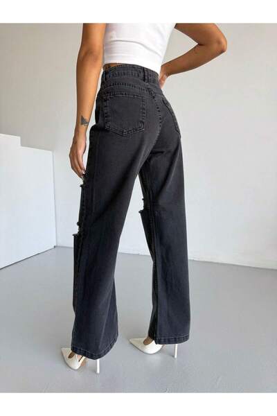 SHEVEGA Women's Smoked Double Knee Laser Ripped High Waist Loose Leg Jeans Pants