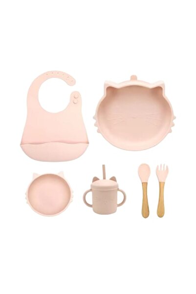 OEM Set de hrănire pentru bebeluși din silicon, în formă de pisică, bavetă, farfurie, bol, cană, tacâmuri, roz deschis, 6 piese