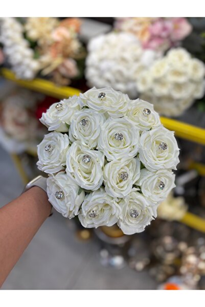 Çiçek Premium Taşlı Beyaz Islak Gül Buketi, Gelin Çiçeği, İsteme Çiçeği, Yaka...