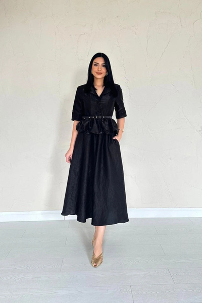 DEAG Black Thin Belted Ruffled Jacket and Gathered Skirt Set