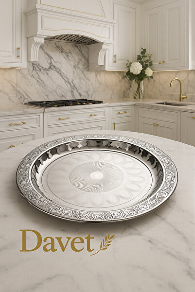 Davet Paslanmaz Çelik Desenli Yuvarlak Çay Tepsi Kahve Servis Sunum Tepsi 36 cm