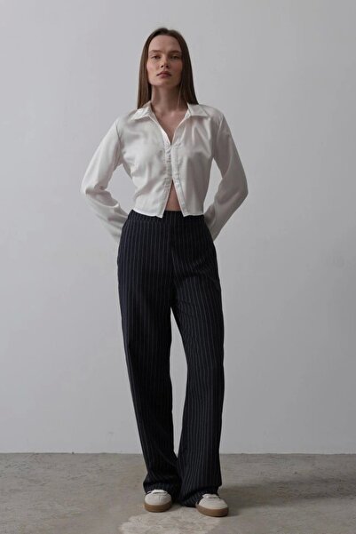 DEAG Buy Half-Zip Palazzo Pants in Dark Blue and White.