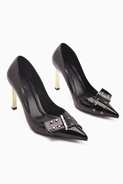 Limoya Sven Black Patent Leather Kemar Detailed Women's Heeled Shoes