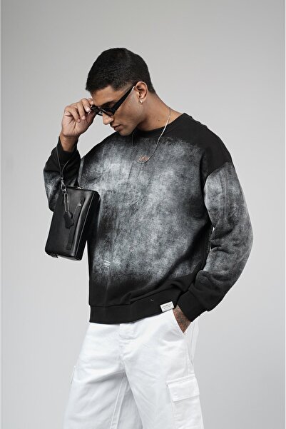 king brich Bisiklet Yaka Yıkamalı Oversize Kalıp Logolu Sweatshirt