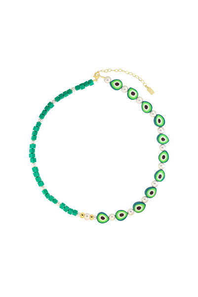 ohmygod jewelry 925 Silver Necklace made of silver plated with yellow gold, pearls and colored beads - Avocado