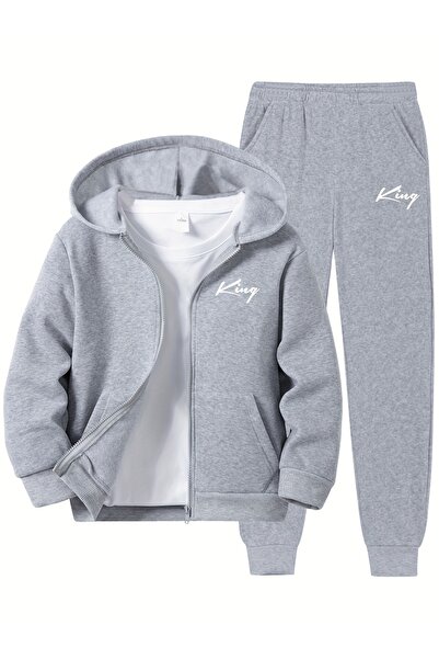 Lider Leather Unisex Baskılı Fermuarlı Çocuk Eşofman Takımı – Kapüşonlu Sweatshirt & Lastik Paçalı Jogger Alt