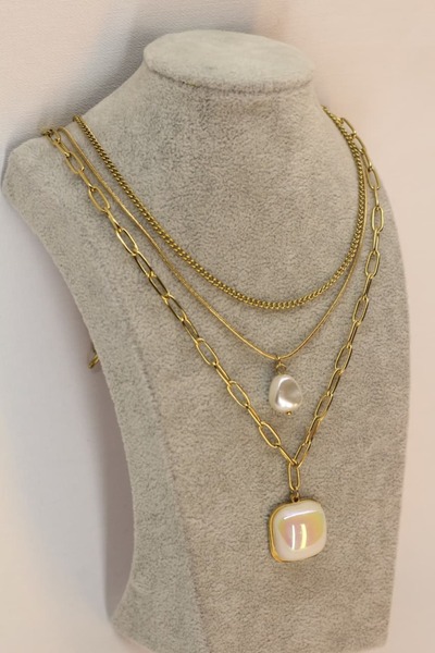 Butik Kadın Çelik 3'lü İnci Detaylı Kolye