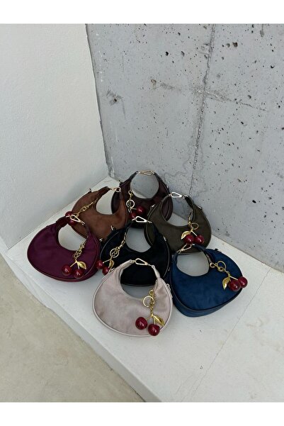 cocy-col LİRİO VİZON,BEJ SÜET KİRAZ CHARM HEDİYELİ KADIN OMUZ ÇANTASI