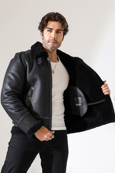 By Marki Marki Erkek Hakiki Deri Mont, Siyah, Pilot Model, İçi Kürklü, 70 cm, Fermuarlı