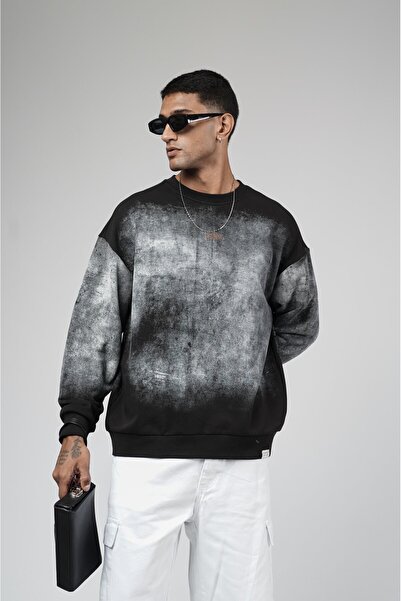 king brich Bisiklet Yaka Yıkamalı Oversize Kalıp Logolu Sweatshirt