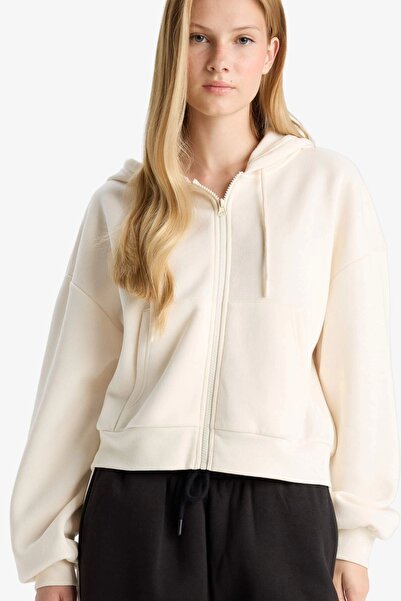 DeFacto Z7069 White Coool Cropped Fit Hooded Thick Zippered Sweatshirt