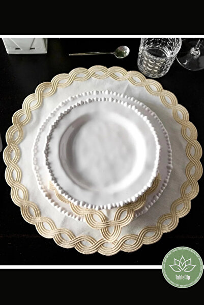 Table Alp Krem Gold Nakışlı Amerikan Servis Takımı | 6 Servis • 6 Peçete | Yuvarlak | Lüks Yemek Masası Takımı
