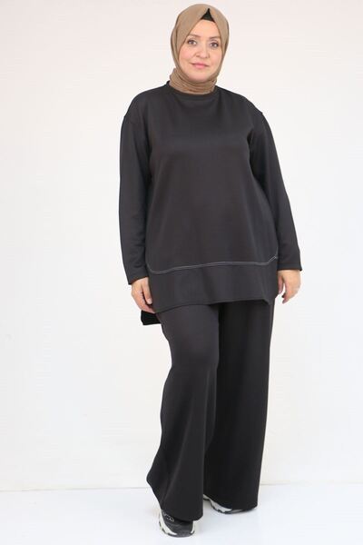 Eslina 57046 Plus Size Skirt Oval Cut Modal Pants Suit - Black