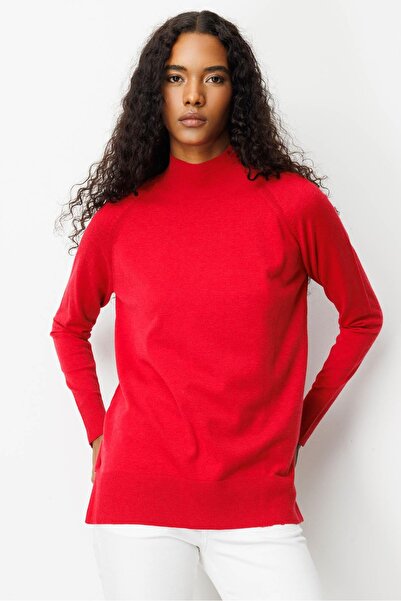 Desen Triko Kadın Yarım Balıkçı Yaka Kolları Yırtmaçlı Kazak K.Kırmızı