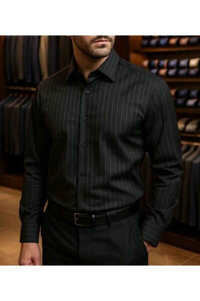 ilayda emir İTALYAN KESİM SİYAH ERKEK GÖMLEK İNCE ÇİZGİLİ