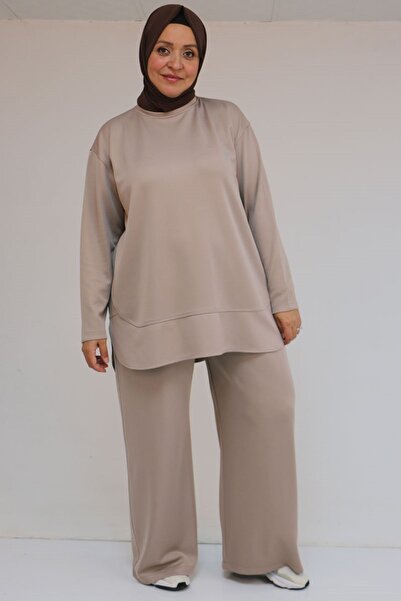 Eslina 57046 Plus Size Skirt Oval Cut Modal Pants Suit - Beige