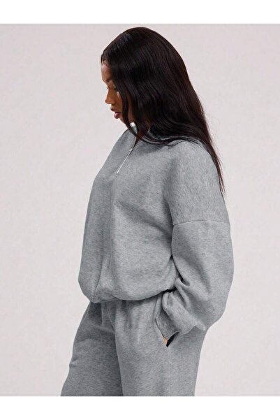 trendgar Gri WideLeg/Geniş Paça Dik Yaka Sweatshirt /Alt Eşofman Takımı
