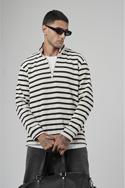 king brich Half Zipper Striped Regular Fit Jacquard Sweatshirt