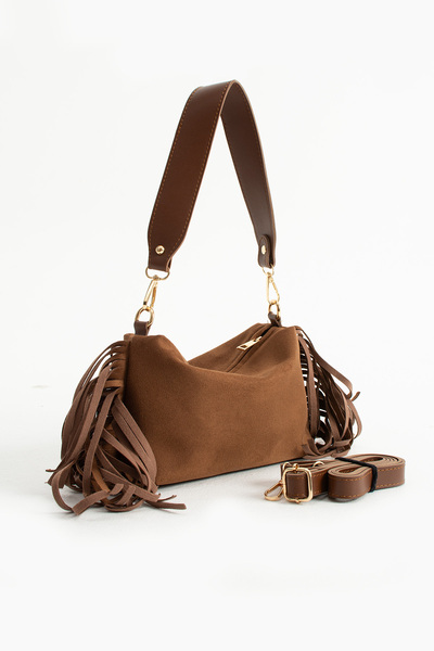 cocy-col حقيبة كتف نسائية من جلد الغزال الأسود مع شراشيب من أبيليا