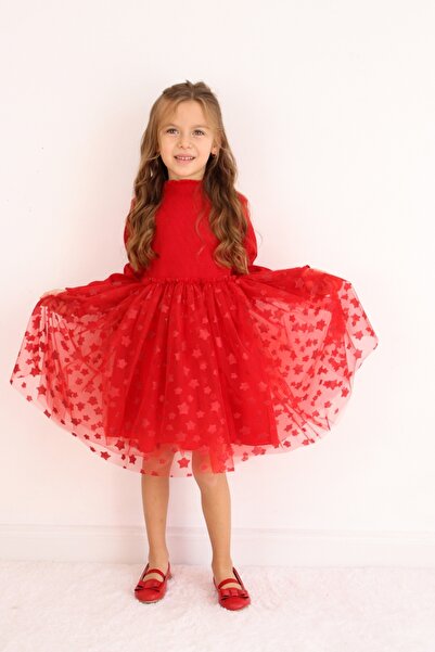 Le Mabelle Red Star Printed Tulle Skirted Girl's Dress - Karen