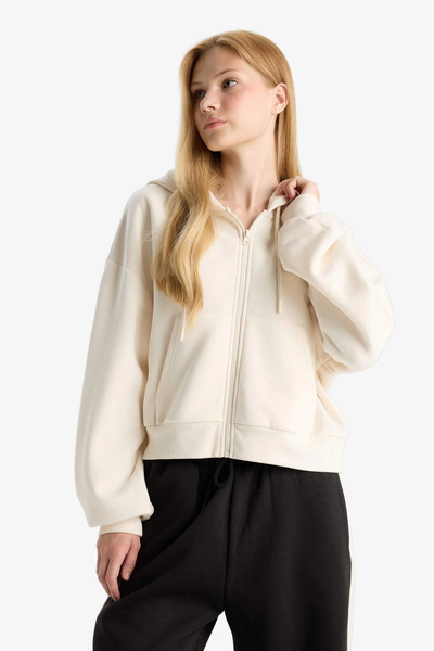 DeFacto Z7069 White Coool Cropped Fit Hooded Thick Zippered Sweatshirt
