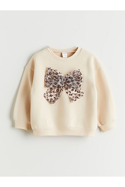 LC Waikiki Crew Neck Bow Printed Girl's Sweatshirt