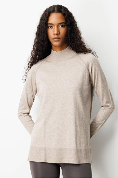 Desen Triko Women's Half Turtleneck Sweater with Slit Sleeves Mink