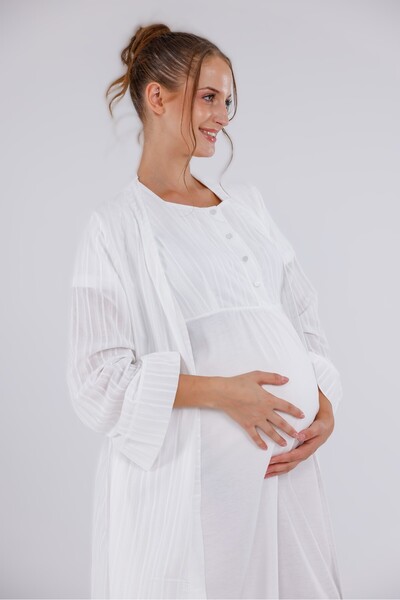 Genel Markalar Kadın Ekru Çizgili Keten Lohusa Hamile Gecelik Sabahlık Takım