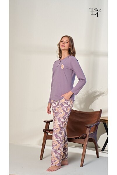 DİĞDEM YAKUT Kadın - Açık Mor Uzun Kollu Düğmeli Alt Üst Pijama Takımı